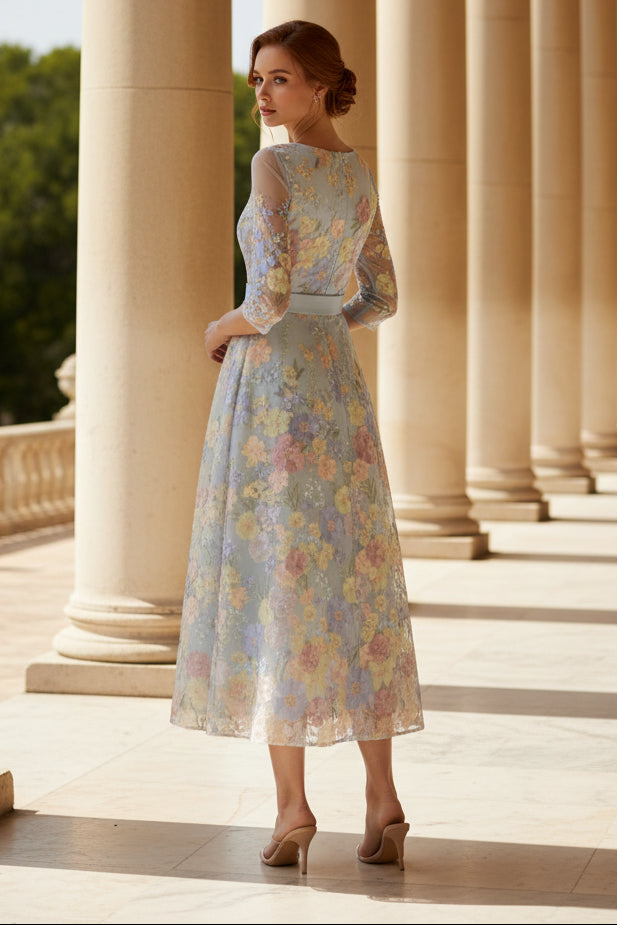 Scoop Lace Mother of the Bride Dresses Floral Embroidery Tea-Length 3/4 Sleeves Bowknot