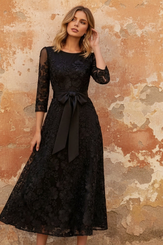 Scoop Lace Mother of the Bride Dresses Floral Embroidery Tea-Length 3/4 Sleeves Bowknot