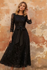 Scoop Lace Mother of the Bride Dresses Floral Embroidery Tea-Length 3/4 Sleeves Bowknot