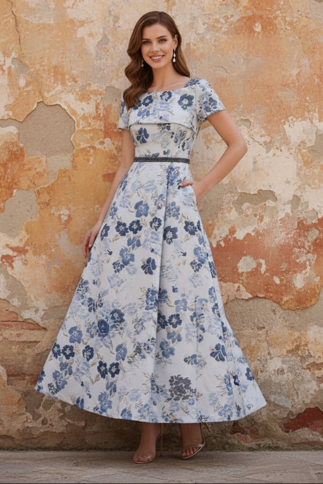 Square Collar Jacquard Mother of the Bride Dresses Floral Ankle-Length Short Sleeves