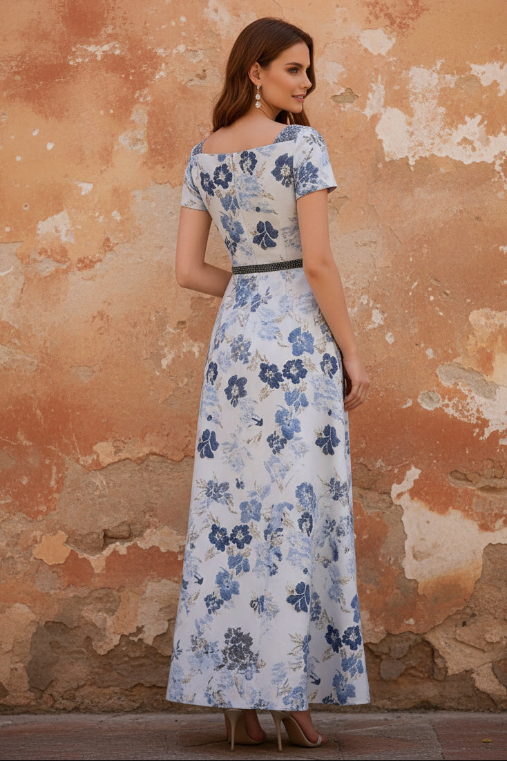 Square Collar Jacquard Mother of the Bride Dresses Floral Ankle-Length Short Sleeves