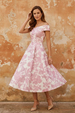 Off-the-Shoulder Jacquard Mother of the Bride Dresses Floral Tea-Length Sleeveless