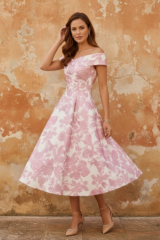 Off-the-Shoulder Jacquard Mother of the Bride Dresses Floral Tea-Length Sleeveless