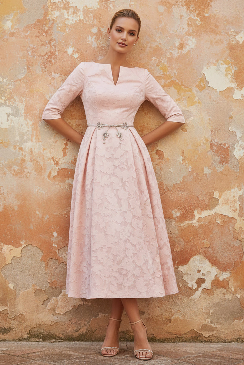 V-Neck Floral Burnout Mother of the Bride Dresses Tea-Length 3/4 Sleeves Belt
