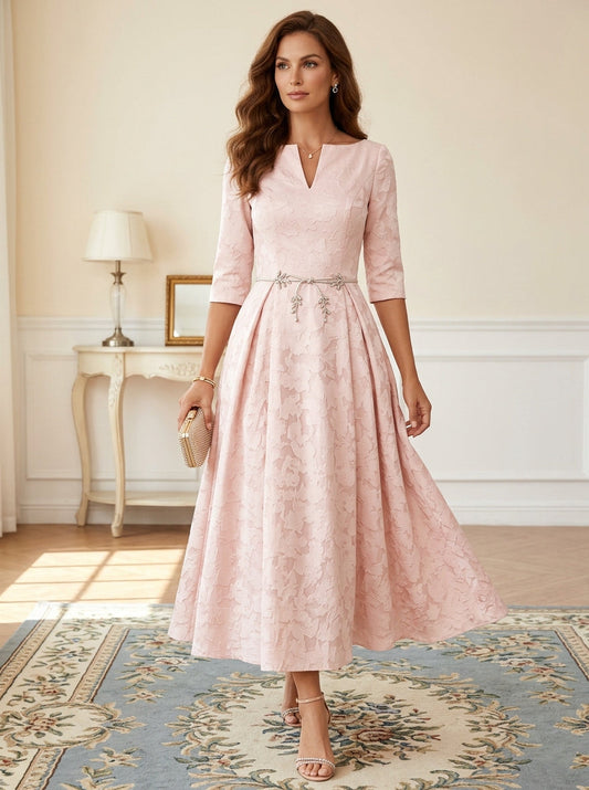 V-Neck Floral Burnout Mother of the Bride Dresses Tea-Length 3/4 Sleeves Belt