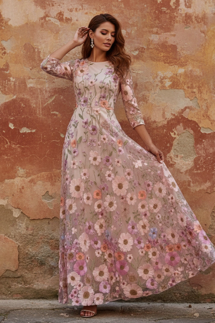 Scoop Lace Embroidery Mother of the Bride Dresses Floral Ankle-Length 3/4 Sleeves