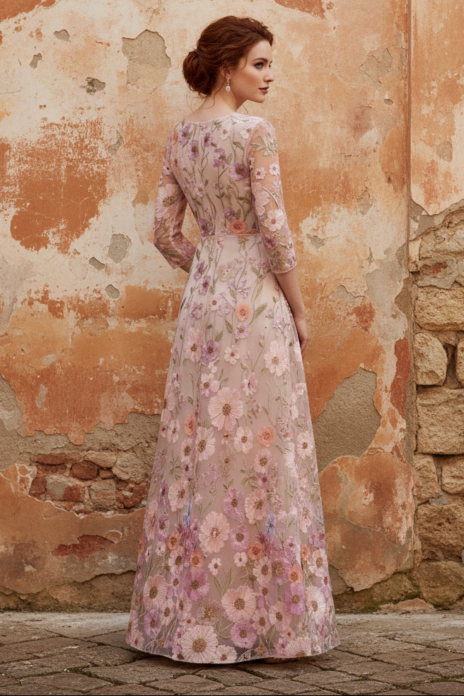 Scoop Lace Embroidery Mother of the Bride Dresses Floral Ankle-Length 3/4 Sleeves