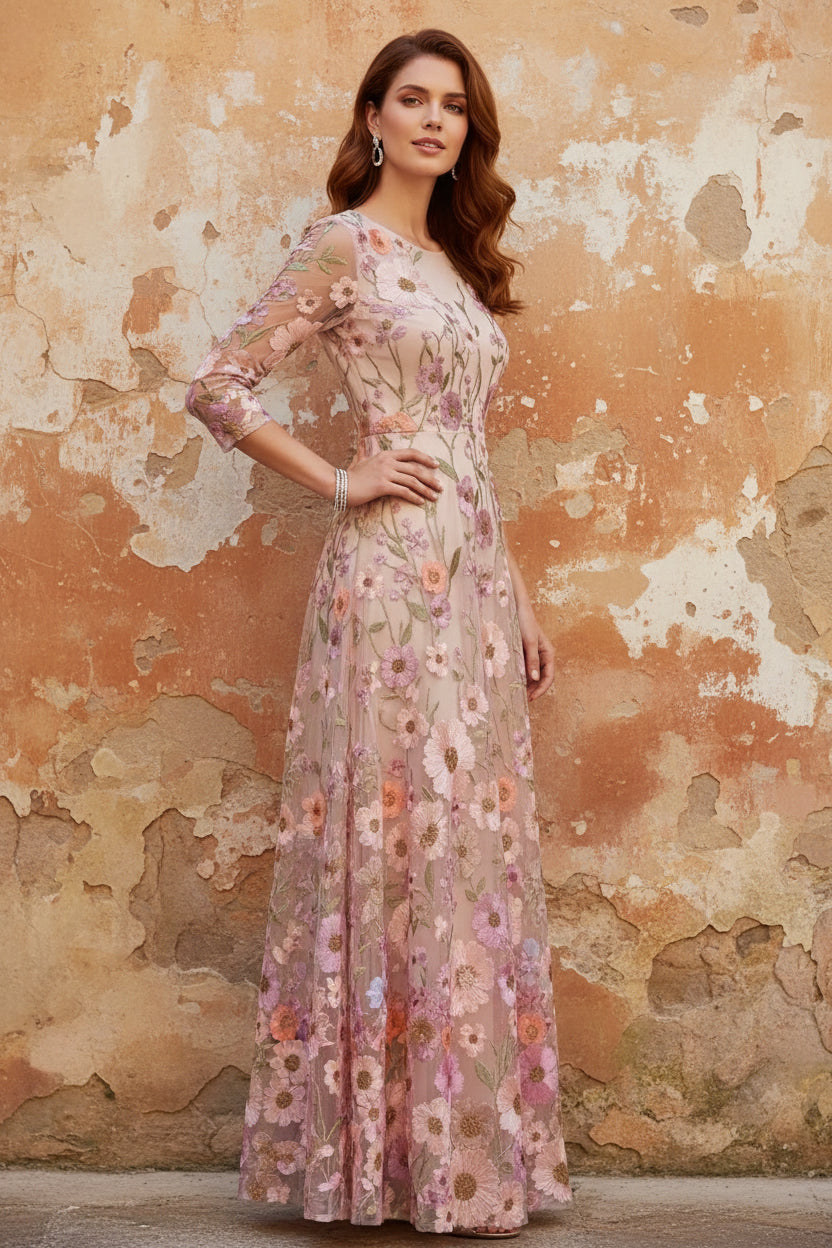 Scoop Lace Embroidery Mother of the Bride Dresses Floral Ankle-Length 3/4 Sleeves