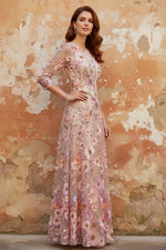 Scoop Lace Embroidery Mother of the Bride Dresses Floral Ankle-Length 3/4 Sleeves