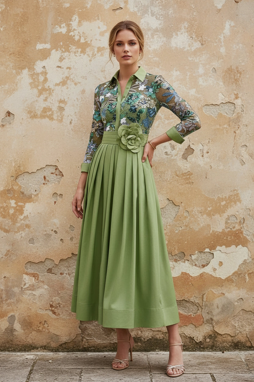 Shirt Collar Satin Mother of the Bride Dresses Tea-Length Lace Sequins 3/4 Sleeves Floral 3D Flower