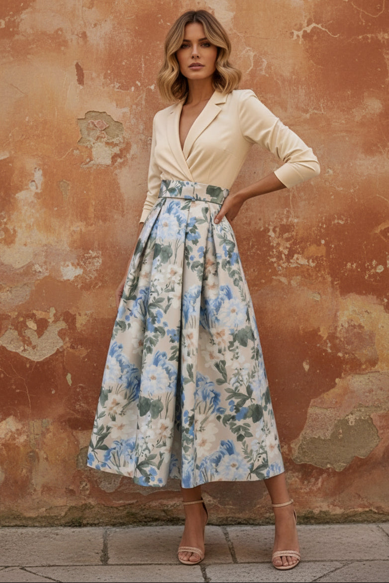 V-Neck Mother of the Bride Dresses Printed Satin 3/4 Sleeves Floral Tea-Length
