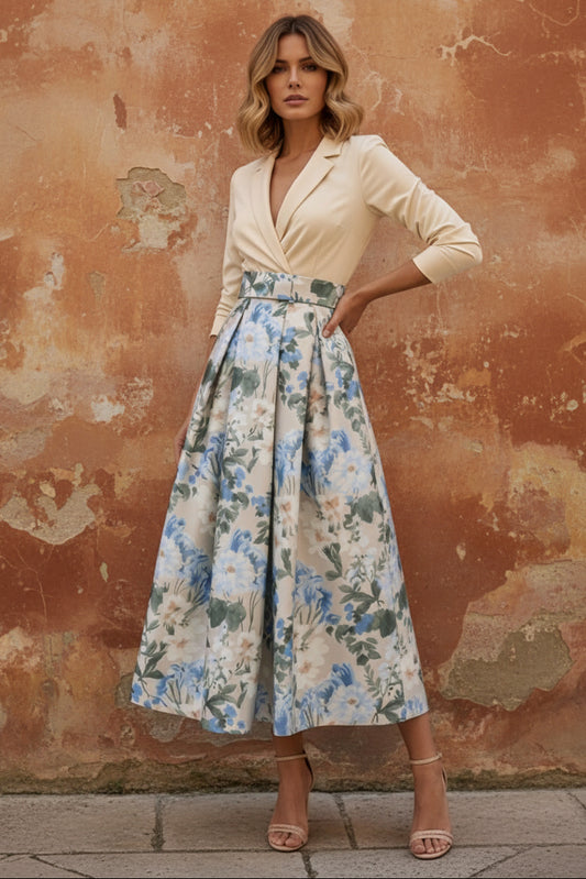 V-Neck Mother of the Bride Dresses Printed Satin 3/4 Sleeves Floral Tea-Length