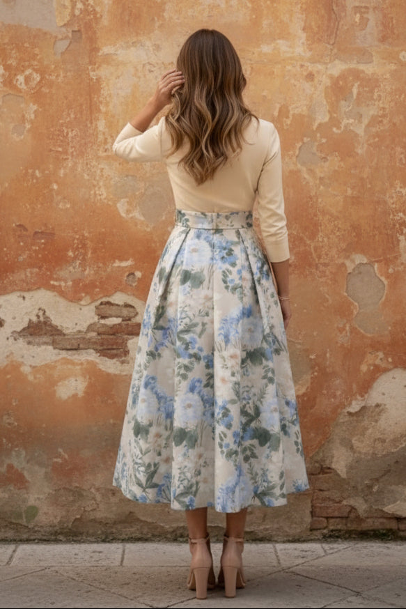 V-Neck Mother of the Bride Dresses Printed Satin 3/4 Sleeves Floral Tea-Length