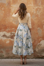 V-Neck Mother of the Bride Dresses Printed Satin 3/4 Sleeves Floral Tea-Length