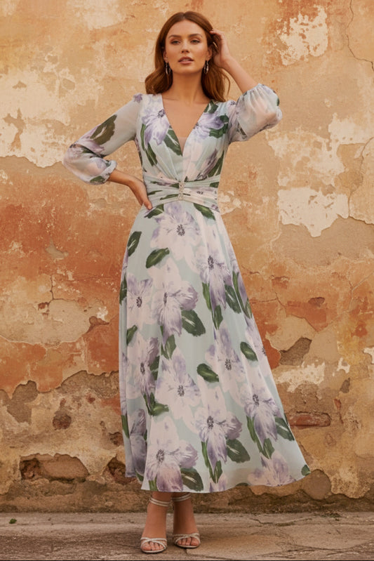 V-Neck Chiffon Mother of the Bride Dresses 3/4 Sleeves Floral Tea-Length Ruched