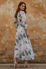 V-Neck Chiffon Mother of the Bride Dresses 3/4 Sleeves Floral Tea-Length Ruched
