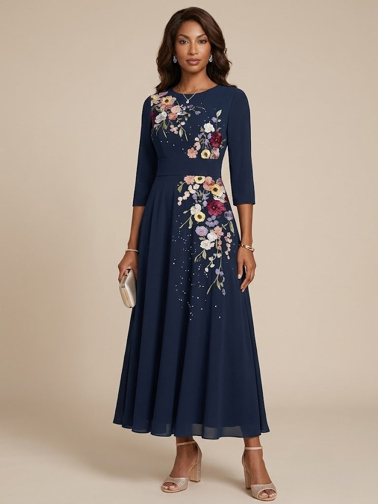 Scoop Chiffon Mother of the Bride Dresses 3/4 Sleeves Lace Tea-Length Floral