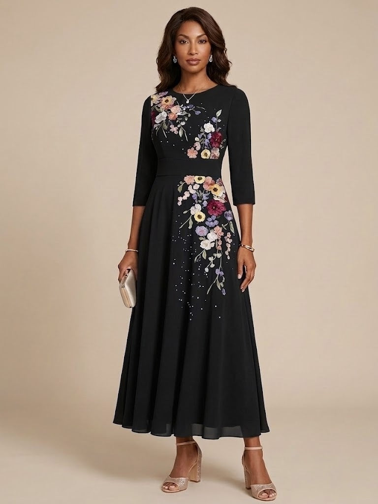 Scoop Chiffon Mother of the Bride Dresses 3/4 Sleeves Lace Tea-Length Floral