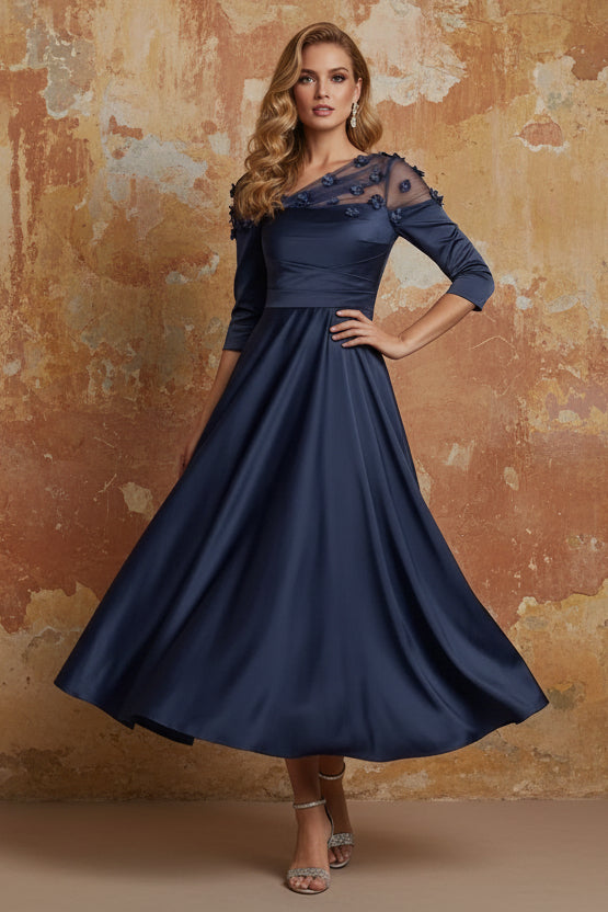 V-Neck Acetate Satin Mother of the Bride Dresses 3/4 Sleeves Floral Tea-Length 3D Flower