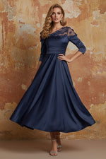 V-Neck Acetate Satin Mother of the Bride Dresses 3/4 Sleeves Floral Tea-Length 3D Flower