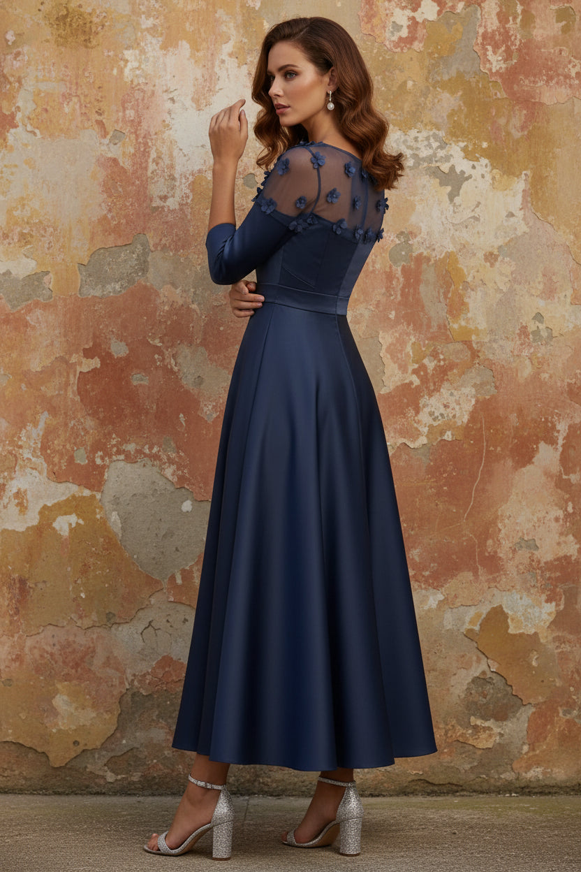 V-Neck Acetate Satin Mother of the Bride Dresses 3/4 Sleeves Floral Tea-Length 3D Flower