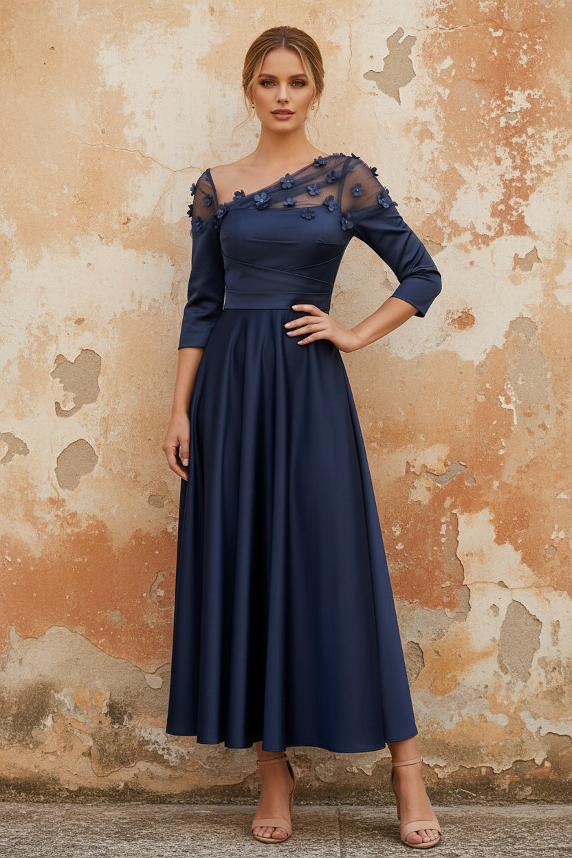 V-Neck Acetate Satin Mother of the Bride Dresses 3/4 Sleeves Floral Tea-Length 3D Flower