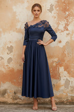 V-Neck Acetate Satin Mother of the Bride Dresses 3/4 Sleeves Floral Tea-Length 3D Flower
