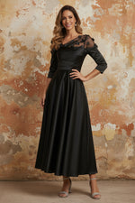 V-Neck Acetate Satin Mother of the Bride Dresses 3/4 Sleeves Floral Tea-Length 3D Flower