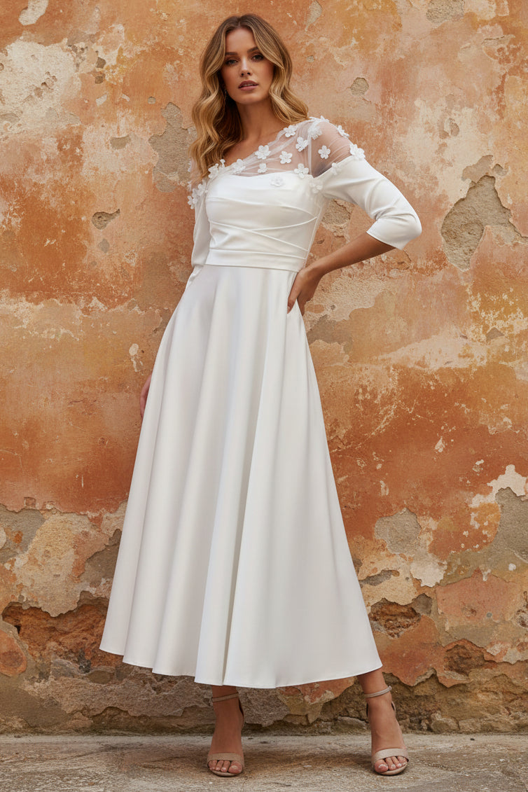 V-Neck Acetate Satin Mother of the Bride Dresses 3/4 Sleeves Floral Tea-Length 3D Flower