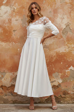 V-Neck Acetate Satin Mother of the Bride Dresses 3/4 Sleeves Floral Tea-Length 3D Flower