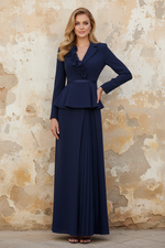 V-Neck Stretch Satin Mother Of The Bride Dresses With 3D Flower Long Sleeves Floor-Length Pleated
