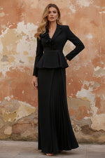 V-Neck Stretch Satin Mother Of The Bride Dresses With 3D Flower Long Sleeves Floor-Length Pleated