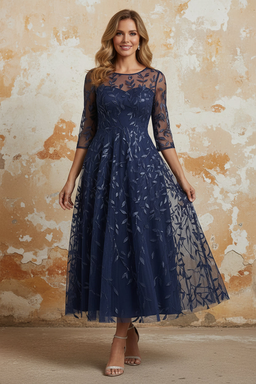 Scoop Lace Sequins Mother of the Bride Dresses 3/4 Sleeves Floral Tea-Length
