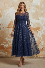 Scoop Lace Sequins Mother of the Bride Dresses 3/4 Sleeves Floral Tea-Length