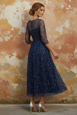 Scoop Lace Sequins Mother of the Bride Dresses 3/4 Sleeves Floral Tea-Length