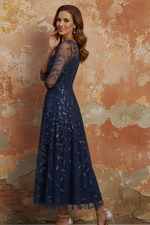 Scoop Lace Sequins Mother of the Bride Dresses 3/4 Sleeves Floral Tea-Length