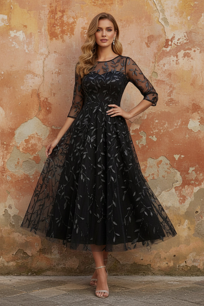 Scoop Lace Sequins Mother of the Bride Dresses 3/4 Sleeves Floral Tea-Length