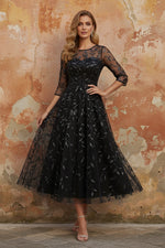Scoop Lace Sequins Mother of the Bride Dresses 3/4 Sleeves Floral Tea-Length