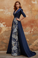 Shirt Collar Satin Mother of the Bride Dresses with Overskirt Floral Half Sleeves Floor Length