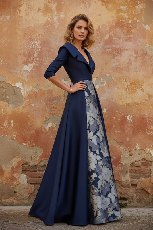 Shirt Collar Satin Mother of the Bride Dresses with Overskirt Floral Half Sleeves Floor Length
