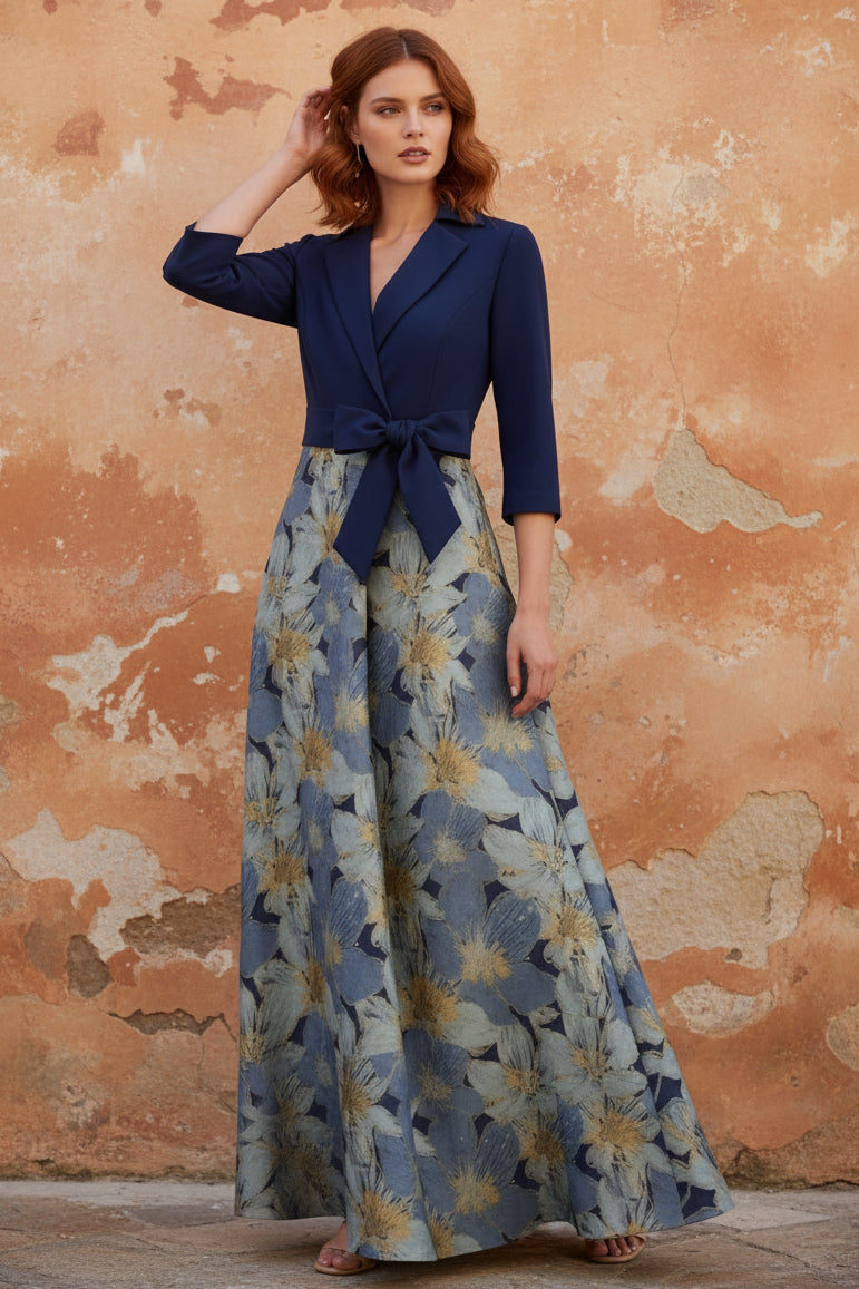 Shirt Collar Stretch Satin Mother of the Bride Dresses Floral 3/4 Sleeves Ankle Length Bowknot