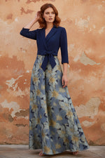 Shirt Collar Stretch Satin Mother of the Bride Dresses Floral 3/4 Sleeves Ankle Length Bowknot