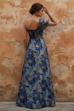 One-Shoulder Jacquard Mother of the Bride Dresses Floral Floor-Length Sleeveless