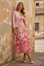 Stretch Satin Mother of the Bride Dresses with Jacket Lace Embroidery Floral Tea-Length 3/4 Sleeves