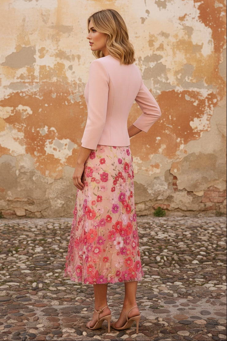 Stretch Satin Mother of the Bride Dresses with Jacket Lace Embroidery Floral Tea-Length 3/4 Sleeves