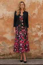 Stretch Satin Mother of the Bride Dresses with Jacket Lace Embroidery Floral Tea-Length 3/4 Sleeves