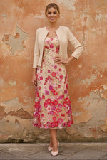 Stretch Satin Mother of the Bride Dresses with Jacket Lace Embroidery Floral Tea-Length 3/4 Sleeves