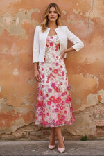 Stretch Satin Mother of the Bride Dresses with Jacket Lace Embroidery Floral Tea-Length 3/4 Sleeves