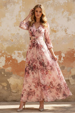 V-Neck Chiffon Mother of the Bride Dresses Floral Ankle-Length 3/4 Sleeves