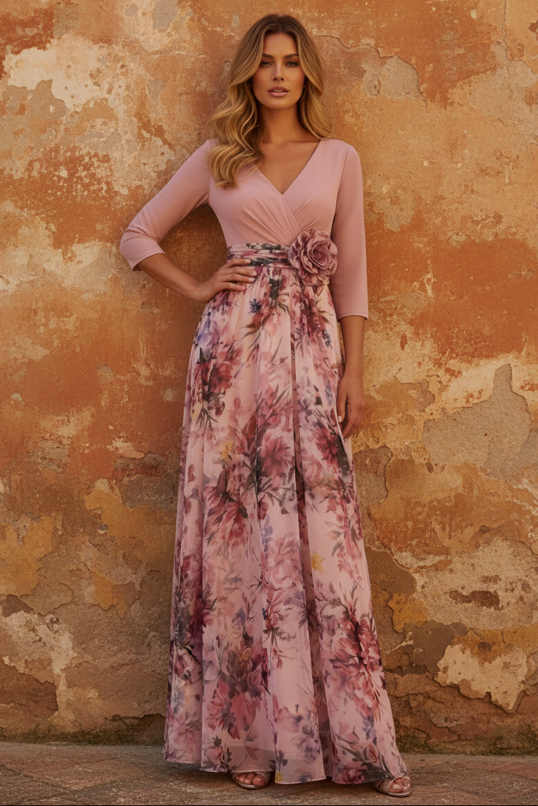 V-Neck Elastic Chiffon Mother of the Bride Dresses with 3D Flower Floral Ankle-Length 3/4 Sleeves